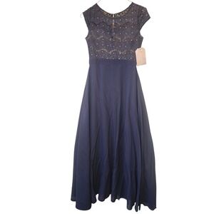 Une Ame Navy Blue Lace Rhinestone Sleeveless Maxi Dress Prom Wedding Size M NWT